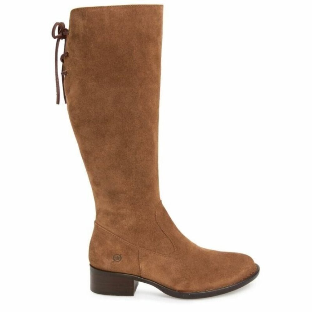 Born Suede Knee-High Lace-Back Boot in Cognac Brown